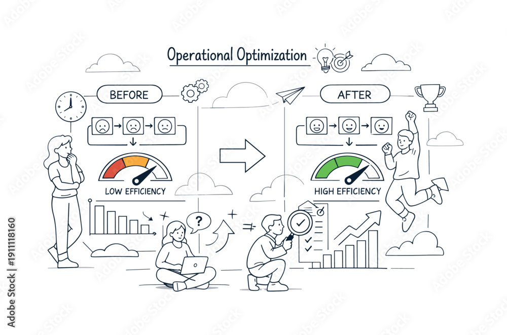 Fototapeta premium Operational Optimization. Dashboard showing before-and-after process states, efficiency metrics moving into