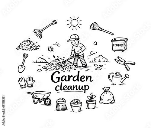 Cleaning up the garden. Hand-drawn doodle illustration of cleaning up the garden. In the middle, one slightly