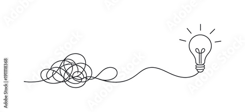 Thought Process. Minimalistic one-line drawing winding line transforming into a clear shape expressing idea