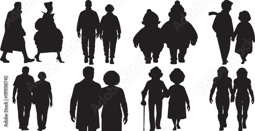 Silhouettes of People Walking Alone and Together Isolated on White Background