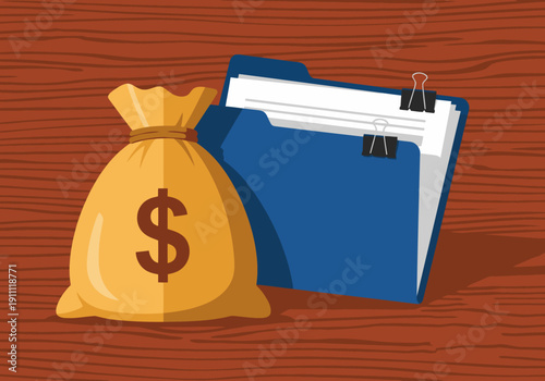 A blue folder with a gold coin bag sits on a wooden desk, symbolizing investment portfolio money. Clean, professional, and visually appealing.