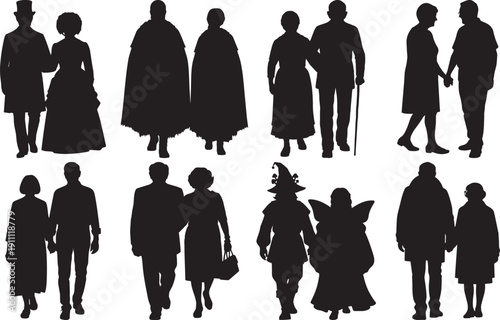 Silhouettes of Couples and Individuals Walking Isolated on White Background
