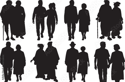 Elderly Couples Walking Together Silhouetted against White Background