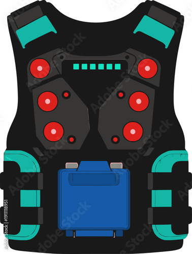 A futuristic black body vest with advanced defense tech features a glowing red display and blue accents. Clean, modern design suitable for sci-fi or tactical visuals.