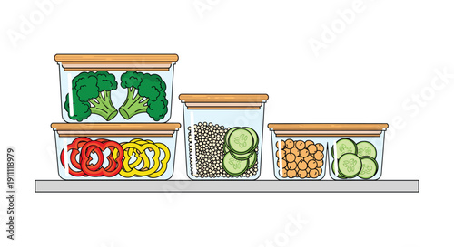 Glass food storage containers with wooden lids are stacked and arranged on a shelf, holding broccoli, bell peppers, lentils, chickpeas, and cucumbers.