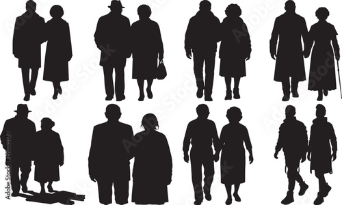 Silhouettes of Couples and Individuals Walking Together Isolated on White Background