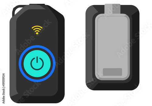 Modern security fob monitor device. Sleek black design with blue accents. Clear data display. Ideal for tech, security, and monitoring visuals.