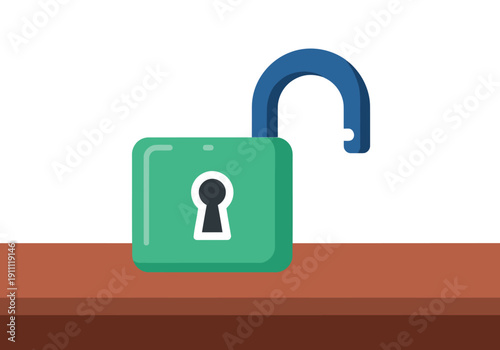 Open lock access grant icon. A stylized green lock with an open keyhole, symbolizing unlocked access. Modern, flat design. Suitable for digital marketing and business concepts.