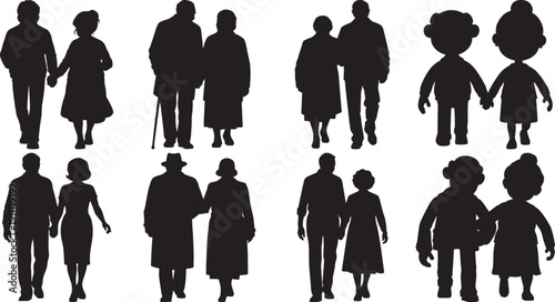 Silhouettes of People Walking Together Isolated on White Background