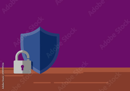 A stylized shield protects a lock, symbolizing privacy and security.  Modern, dark background with a subtle brown texture.  Ideal for business and technology concepts.