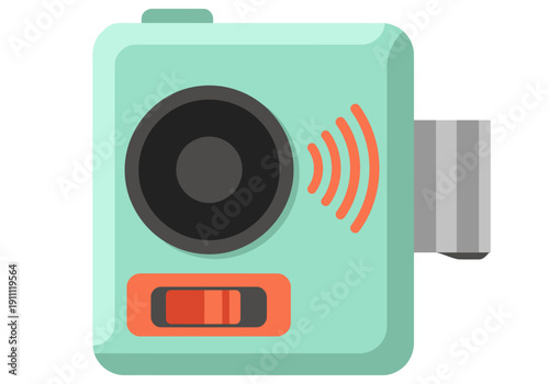 A stylized sonic defense sound gear icon. Modern, teal and gray design with a circular speaker and radiating sound waves. Clean, graphic style. Suitable for tech and security themes.