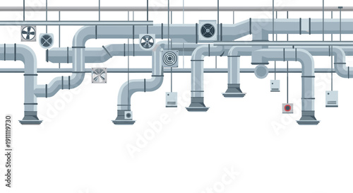 A complex industrial network of grey ventilation pipes, ducts, and fans stretches across a white ceiling background.