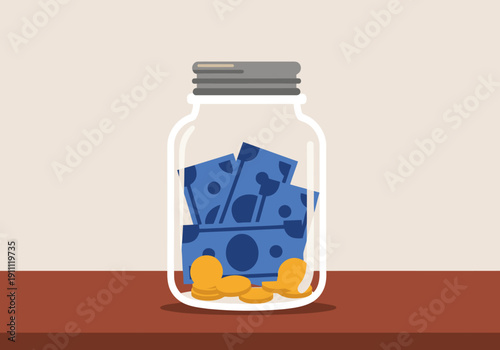 A vibrant savings jar overflows with money, symbolizing financial goals. Clean, modern illustration for business and finance concepts.