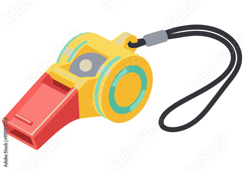 A vibrant yellow emergency whistle with lanyard, isolated on white. Clear, bright, and professional. Ideal for safety and training visuals.