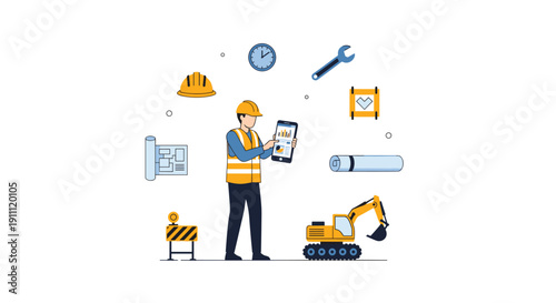 A construction worker in a hard hat and safety vest holds a tablet, surrounded by various building and engineering tools.