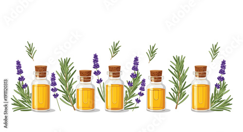 Five clear essential oil bottles with corks filled with golden liquid, lined up with lavender sprigs and rosemary branches.