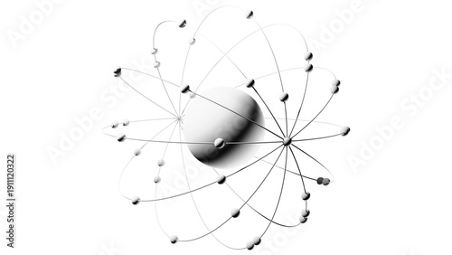 Abstract model of an atom or star system with a central object (the nucleus of an atom/star) and secondary objects (electrons/planets) with orbits on a transparent background.