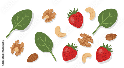 Fresh green spinach leaves, red strawberries, walnuts, cashews, and almonds are scattered on a white background.