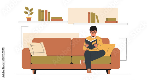 Man Reading Book On Cozy Sofa With Bookshelf Background Illustration