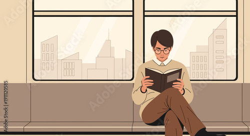 Man Reading Book On Train With City Skyline View During Commute