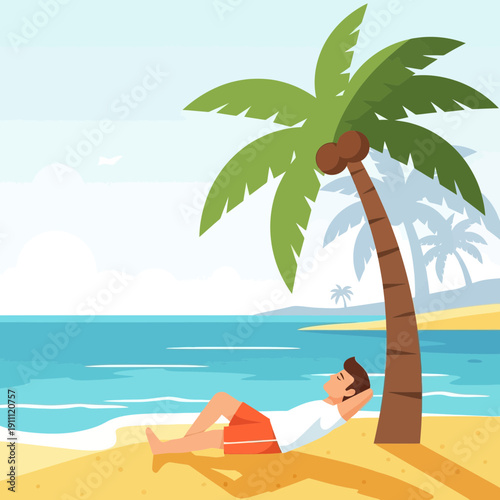 Man Relaxing Under Palm Tree On Tropical Beach Vacation Paradise