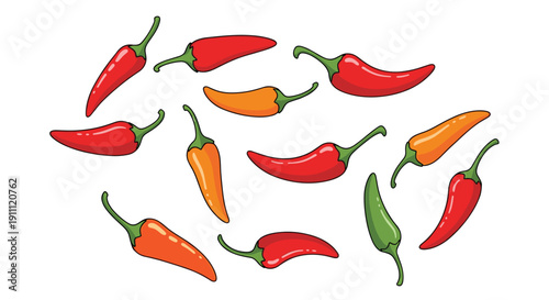 Various colorful red, orange, and green chili peppers are scattered in a loose circular arrangement on a white background.