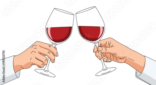 Two hands hold and clink elegant wine glasses filled with red wine, celebrating a special occasion with a toast.