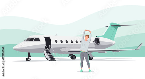 Man Stretching Beside Private Jet Preparing For Travel And Fitness