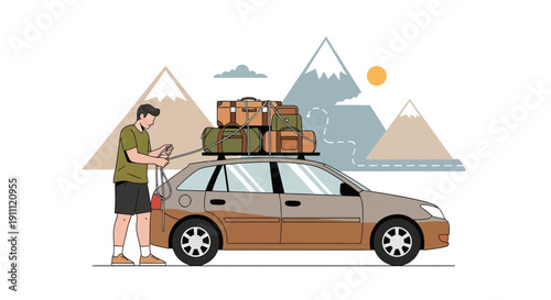 Man Secures Luggage On Car Roof Rack Ready For Mountain Road Trip Adventure