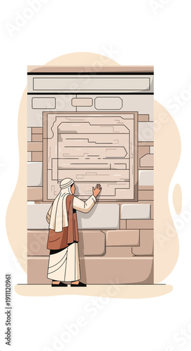 Man Studies Ancient Text On Stone Tablet Historical Discovery Archaeology