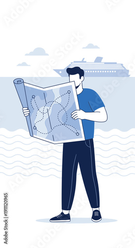 Man Studying Nautical Chart With Cruise Ship In Background Planning Adventure