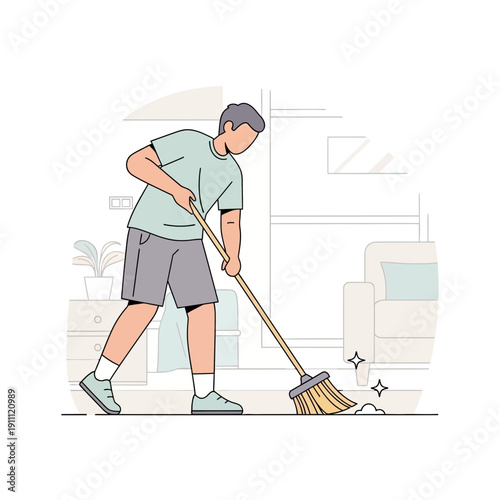 Man Sweeping Floor With Broom A Domestic Chore Illustration