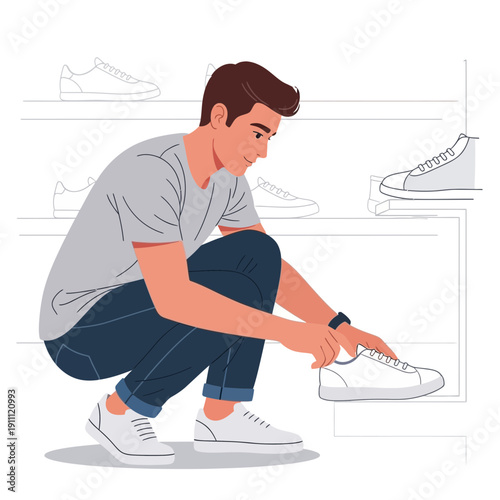 Man Selecting Stylish Sneakers From A Store Display Shelf