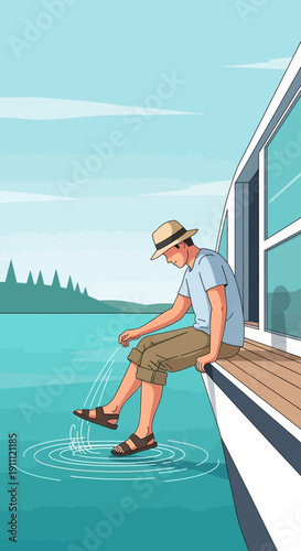 Man Sitting On Boat Deck Dipping Feet In Blue Water