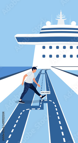 Man Walking on Cruise Ship Deck Enjoying Vacation Journey Scenic Ocean Voyage