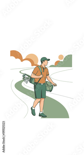 Man Walking On Golf Course With His Golf Bag And Clubs