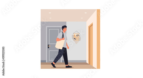 Man With Tote Bag Walks Down Hallway Towards Door