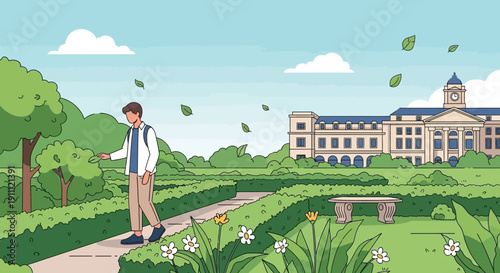 Man Walking Through Botanical Gardens Towards Grand University Building