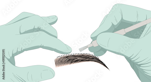 Gloved hands use a microblading tool to meticulously apply cosmetic pigment to an eyebrow, illustrating a beauty procedure.
