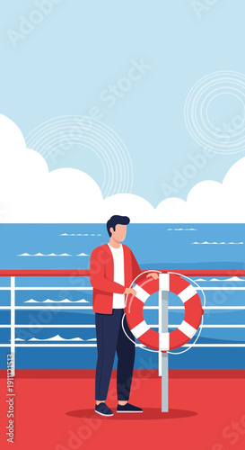 Man Standing On Deck With Lifebuoy Ready For Sea Voyage Safety