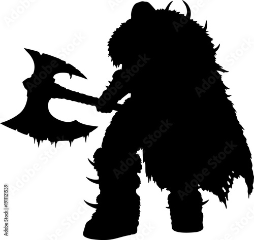 Viking Warrior Silhouette Holding Battle Axe Isolated on White