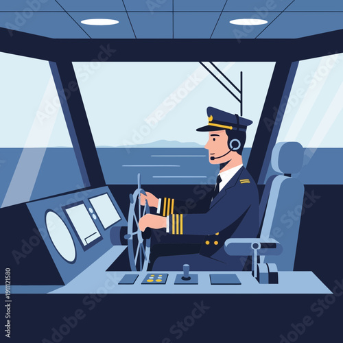 Maritime Captain Navigating Vessel From Ship Bridge Control Room