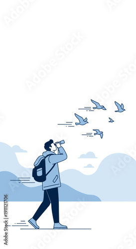 Man With Backpack Gazing Through Binoculars At Birds