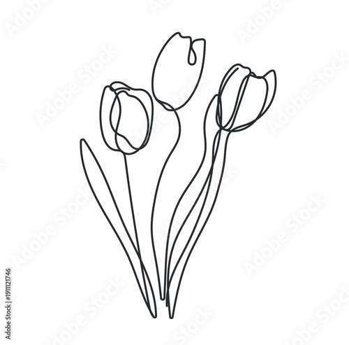 Mother's Day tulip line art with flowing continuous drawing. Elegant floral outline illustration perfect for greeting cards, posters, gifts for moms. Isolated doodle vector illustration.