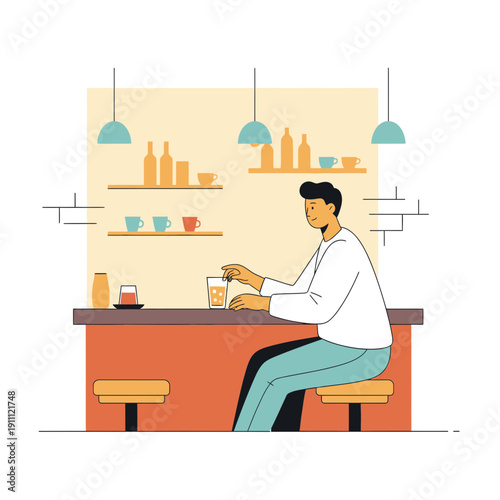 Modern Bar Scene With A Person Enjoying A Drink Illustration
