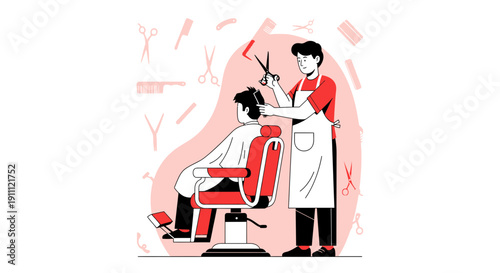 Modern Barber Shop Scene With Stylist Cutting Client Hair