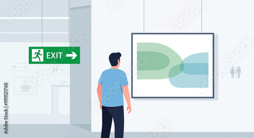 Modern Art Gallery Visitor Observing Abstract Painting and Exit Sign