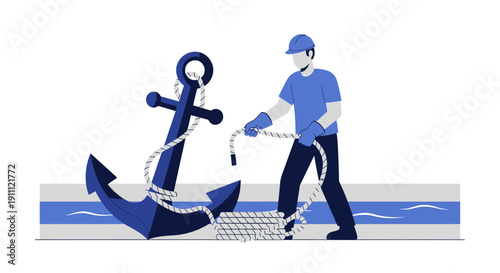 Maritime Professional Securing Nautical Anchor with Strong Rope