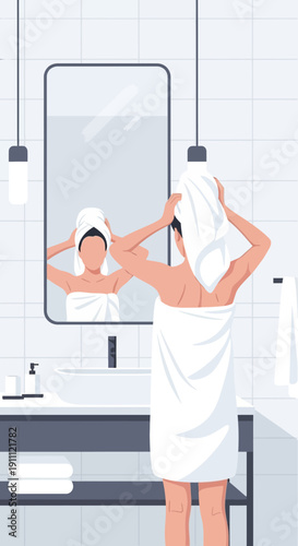 Modern Bathroom Scene Woman Towel Mirror Reflections Hygiene Routine