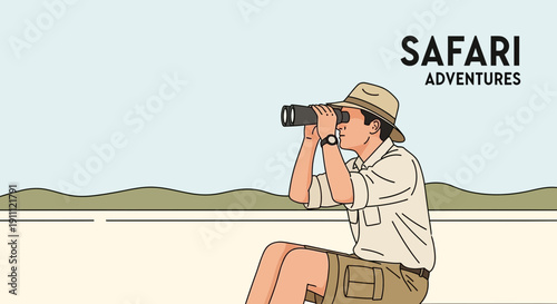 Man With Binoculars Exploring Safari Adventures With Horizon View